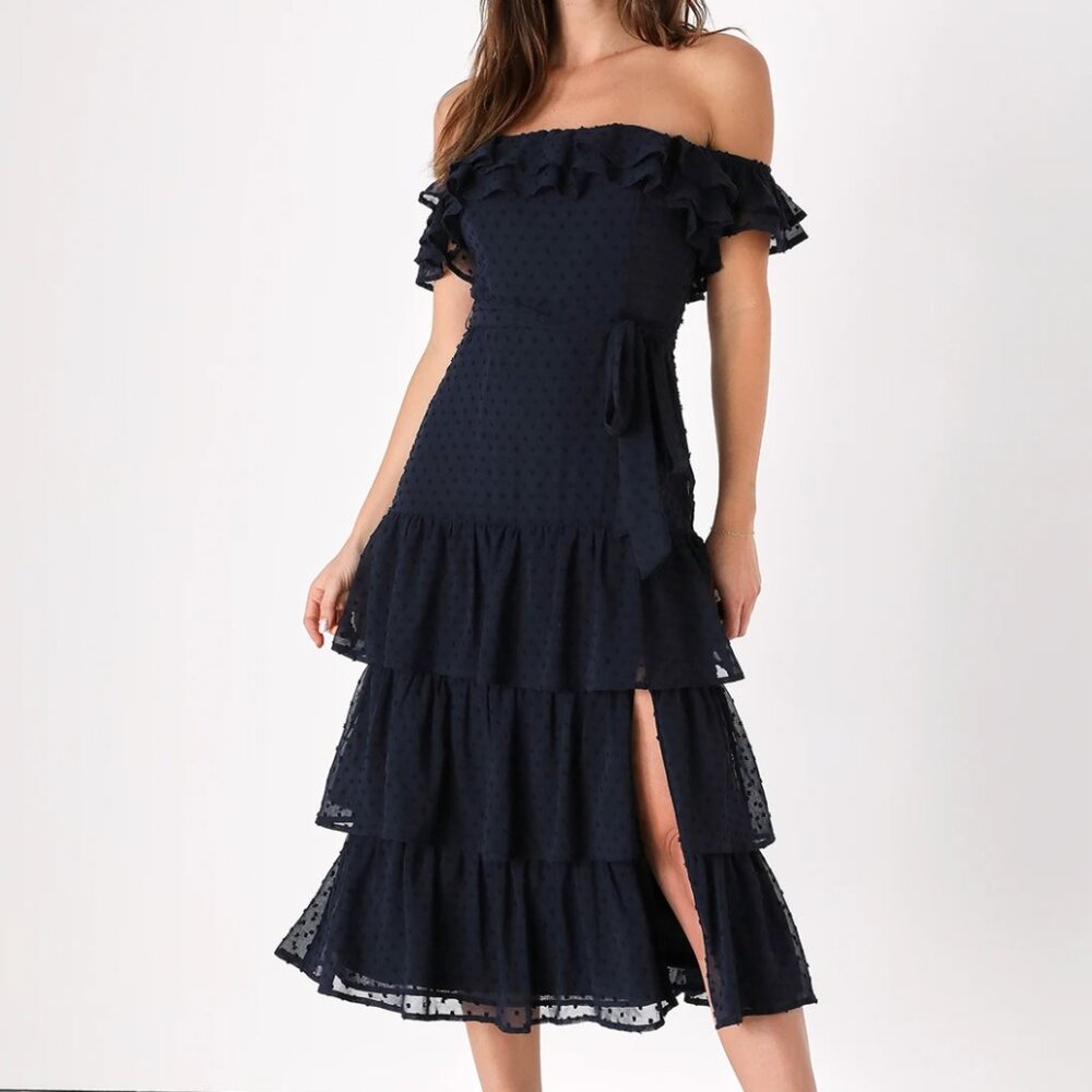 NWT Lulus Dear To My Heart Navy Blue Swiss Dot Tiered Ruffled Midi Dress
